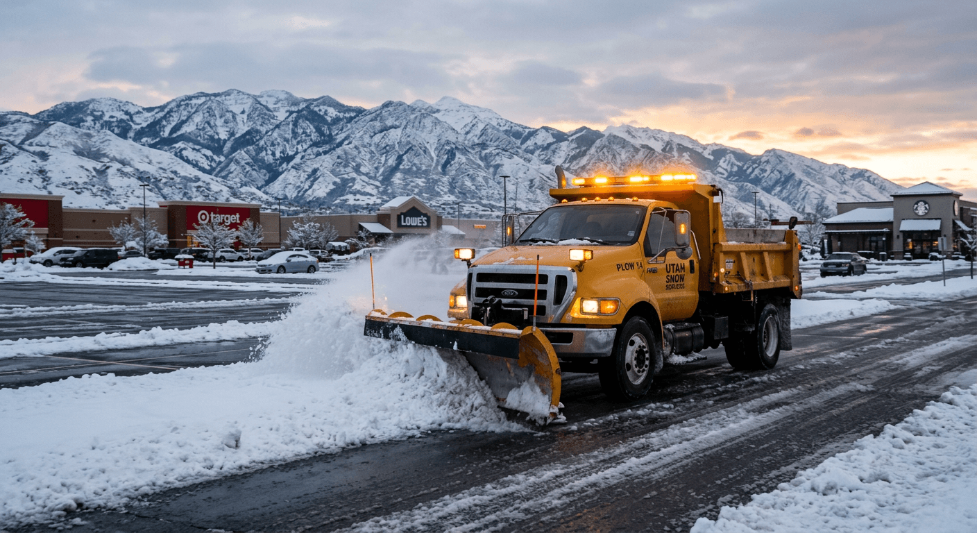 Snow plow truck clearing a parking lot at dawn