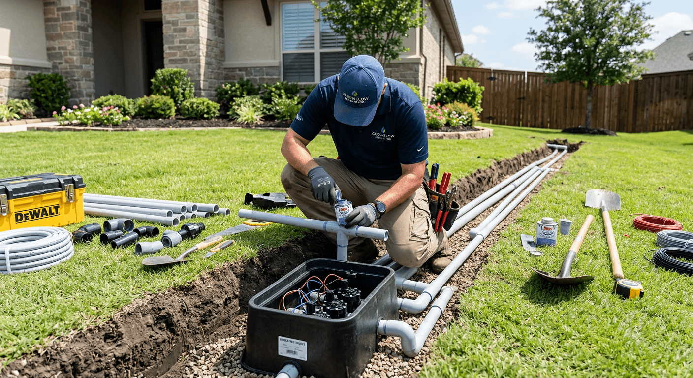 New irrigation pipes and valves being installed in a residential yard