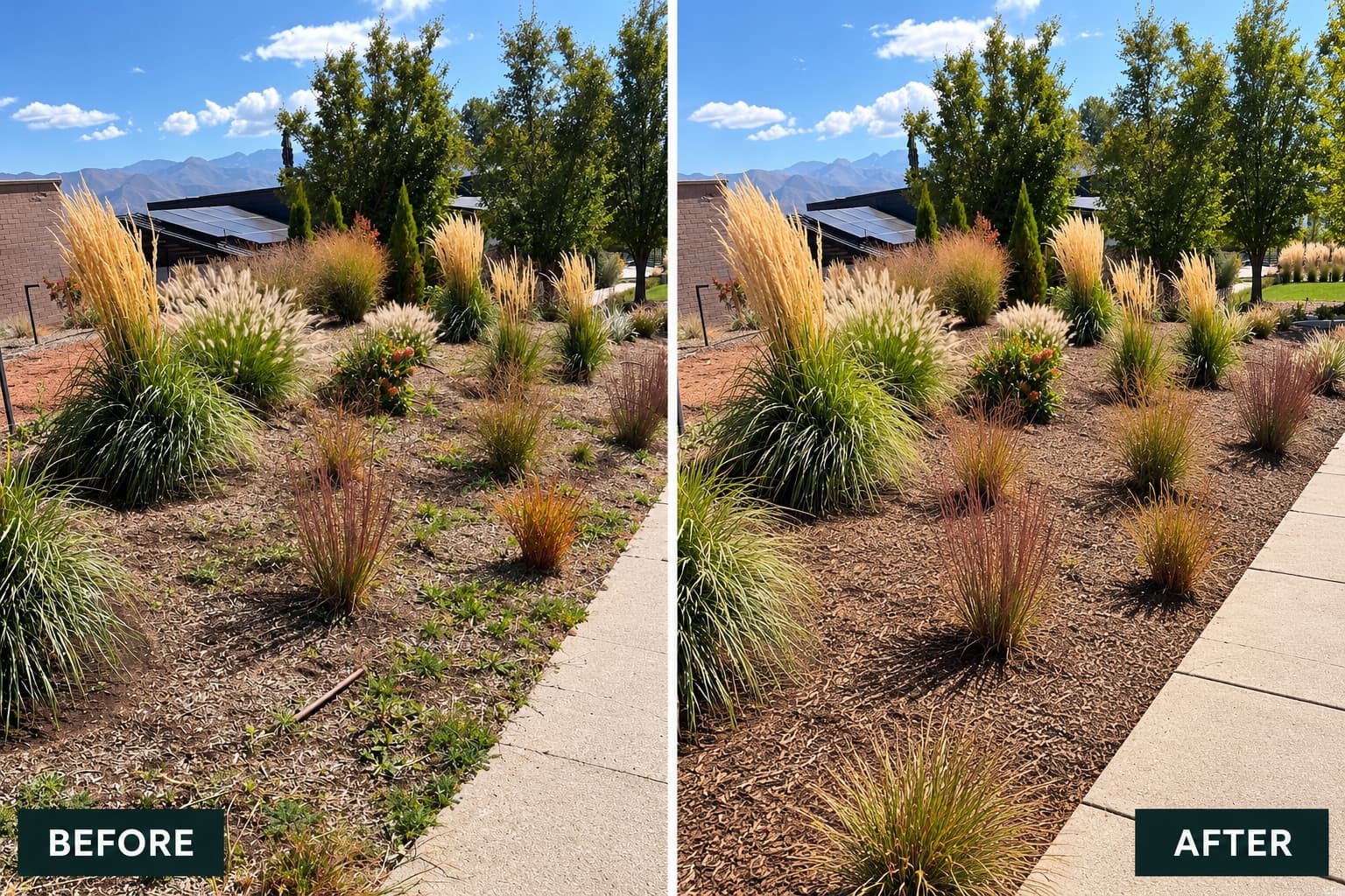 Before and after of a weedy commercial planting bed cleaned up and mulched