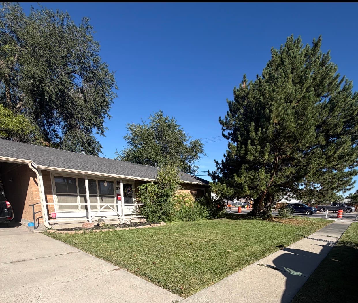 Mowed front lawn of a brick ranch home with mature trees
