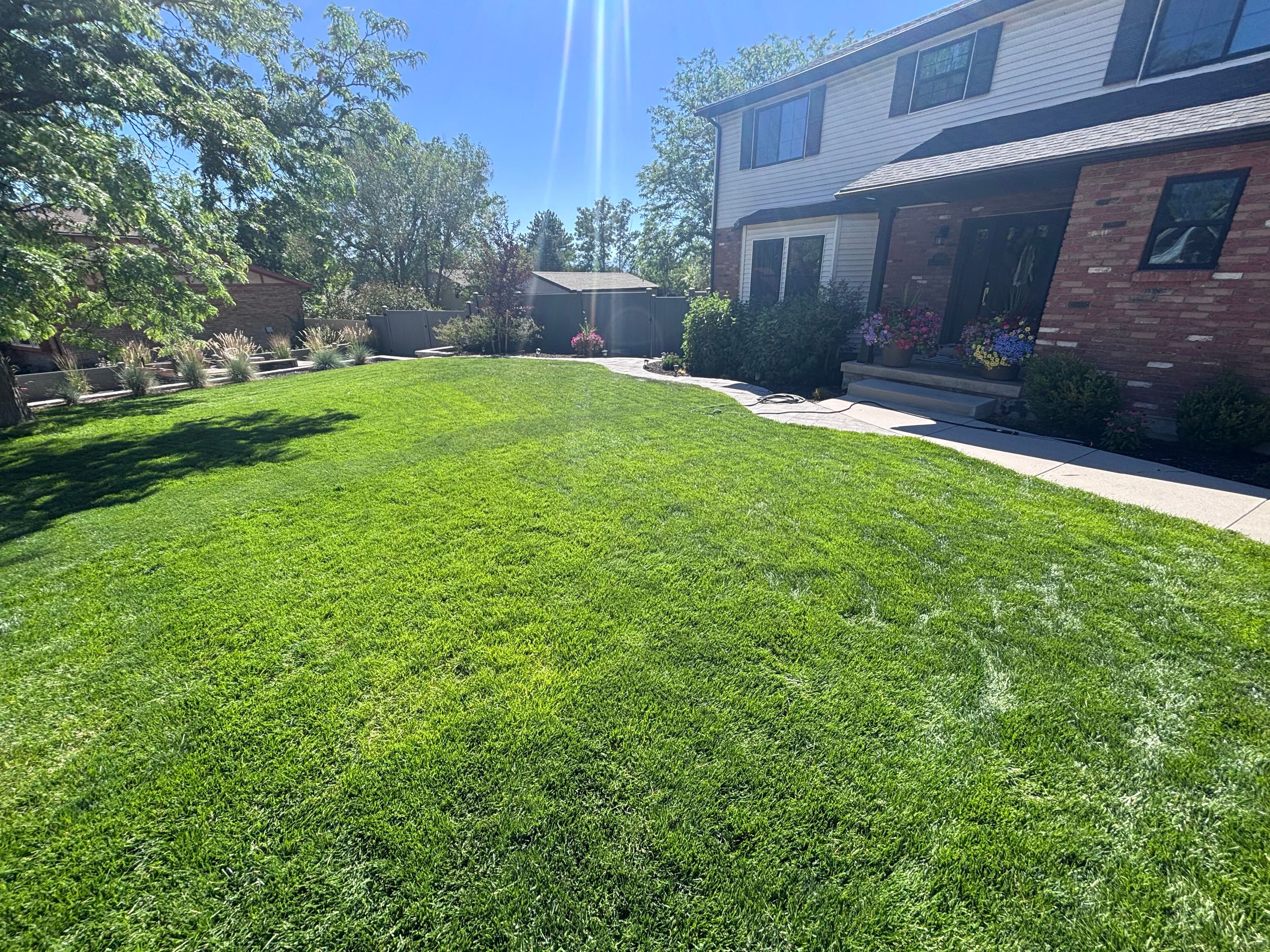 Thick green lawn maintained by Everwork in front of a Utah brick home